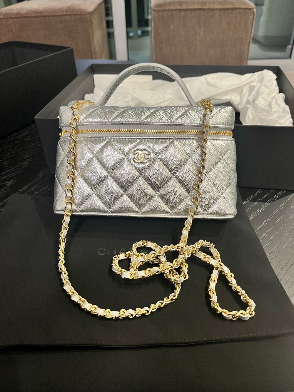 CHANEL Silver Quilted Mini Vanity Bag with Gold Chain Strap